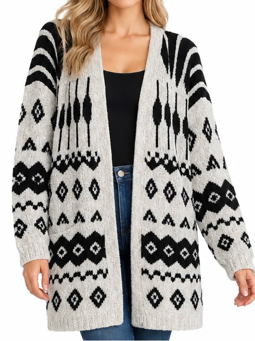 Lane Bryant 14/16 Black Gray Geometric Open Front Cozy Cardigan Sweater